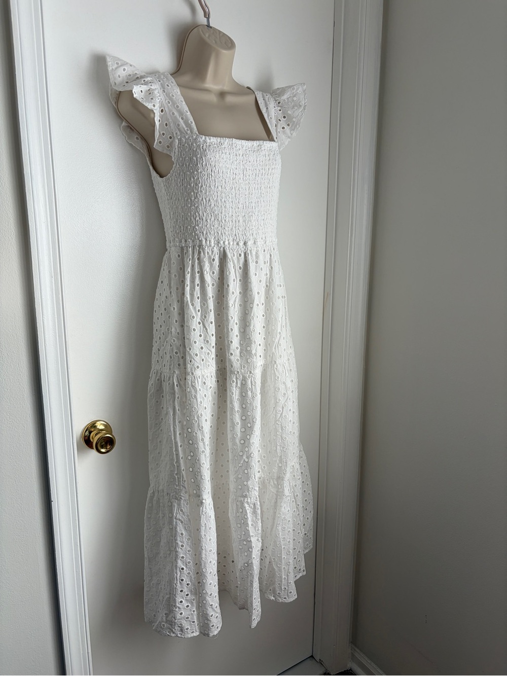 August Sky White Eyelet Maxi Dress with Ruffle Straps (Size Medium)